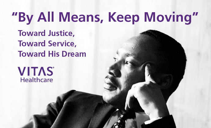 A photo of Dr. King with his words "Be All Means, Keep Moving"