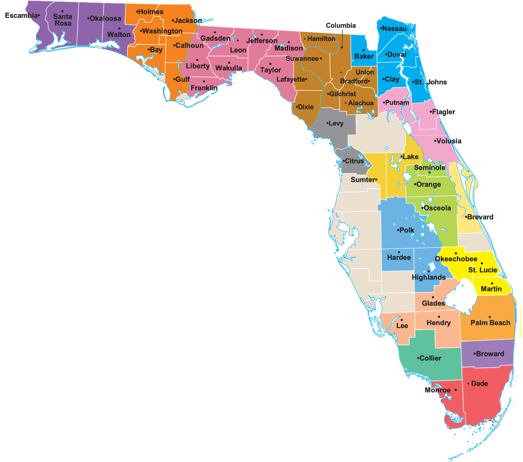 Mapa na nagpapakita ng lahat ng county na pinagseserbisyuhan ng VITAS sa Florida