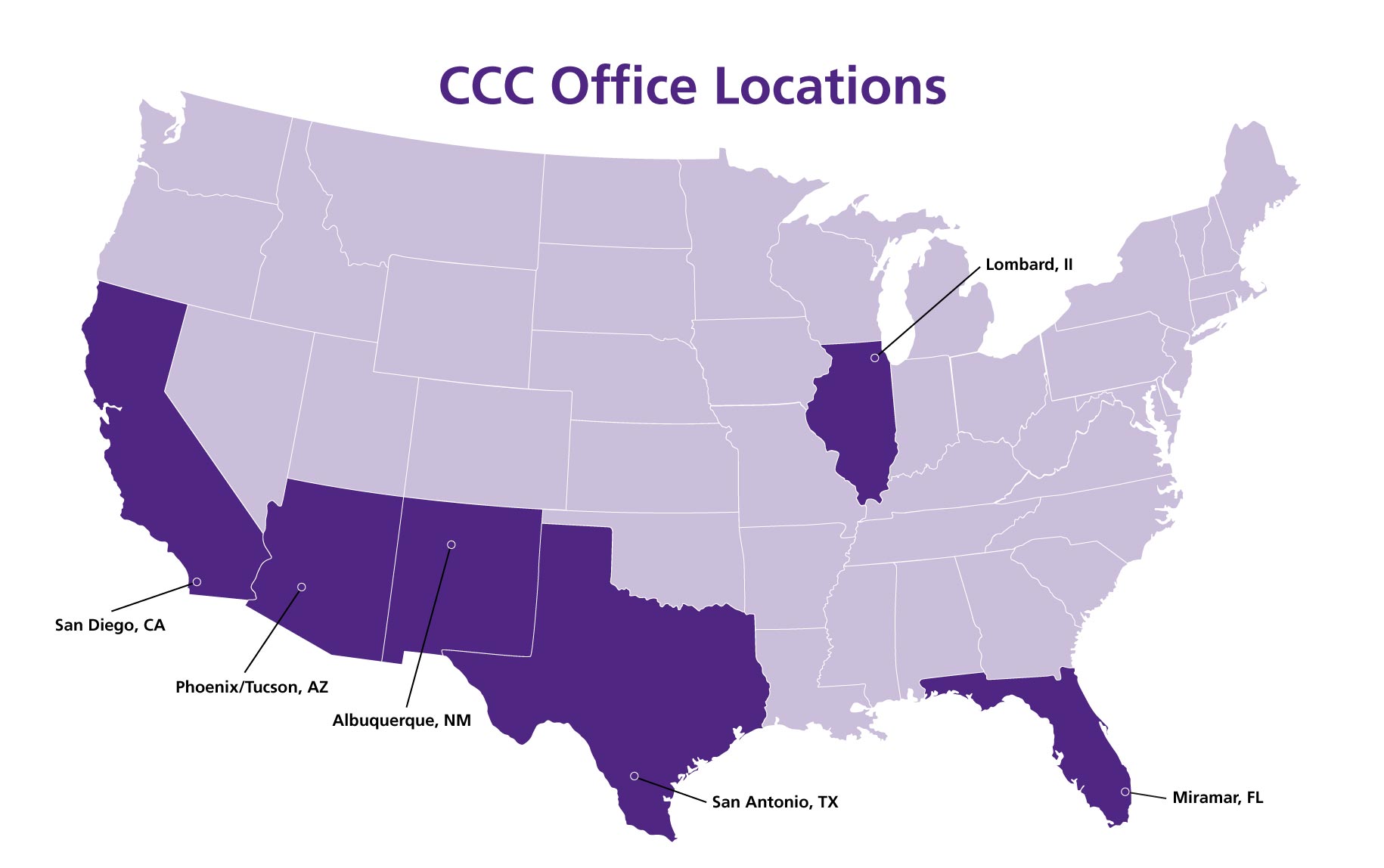 A map of the United States with California, New Mexico, Arizona, Texas, Florida, Ohio, Illinois, and New Jersey highlighted