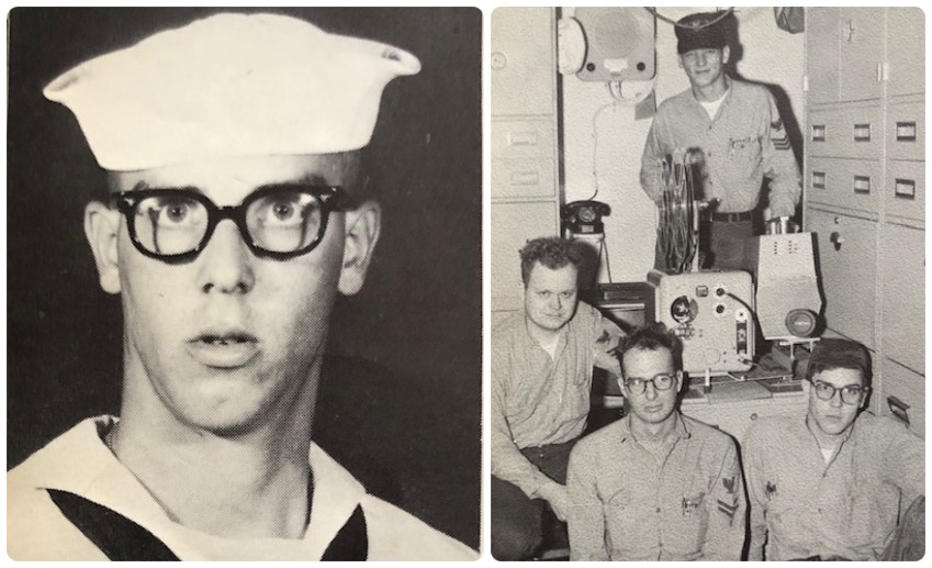 VITAS patient William Slack's military bootcamp photo from his yearbook, and another photo of him with three fellow seamen