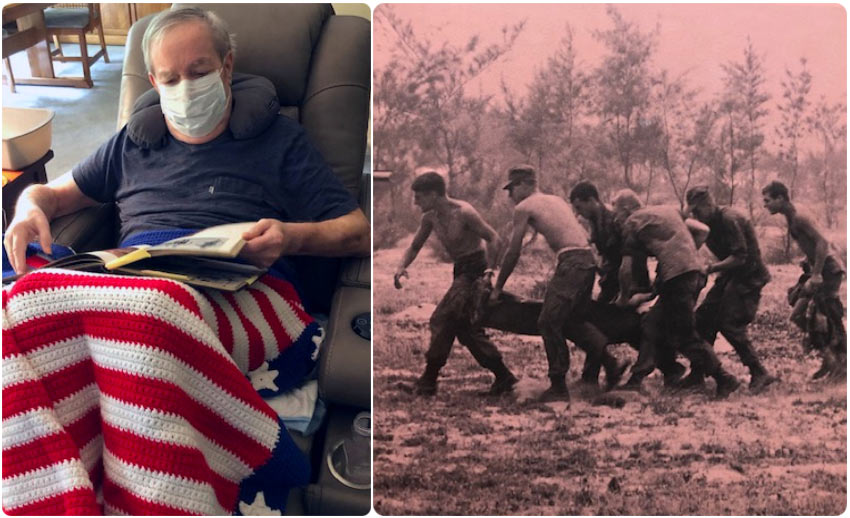 VITAS patient William Slack looks at a military photo album as he rests in a recliner at home; at right, a photo of him on a medevac team carrying a patient