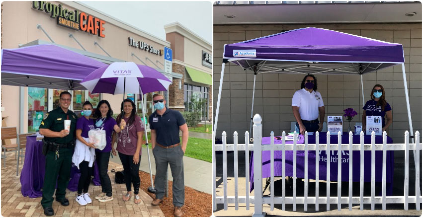 VITAS team members outside Tropical Smoothie Cafe, and standing in their drive-through setup with a tent and fence to enforce social distancing