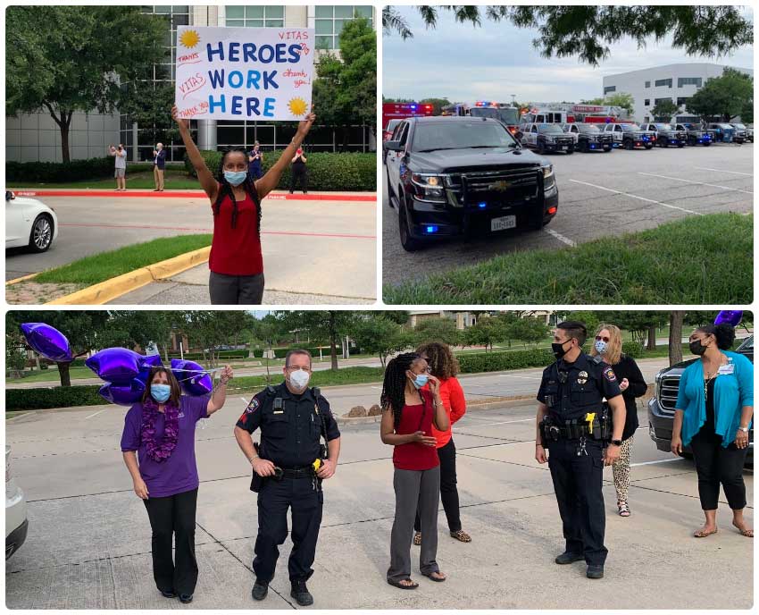 A collage of photos from the parade, including the public safety vehicles and VITAS staff with balloons and signs