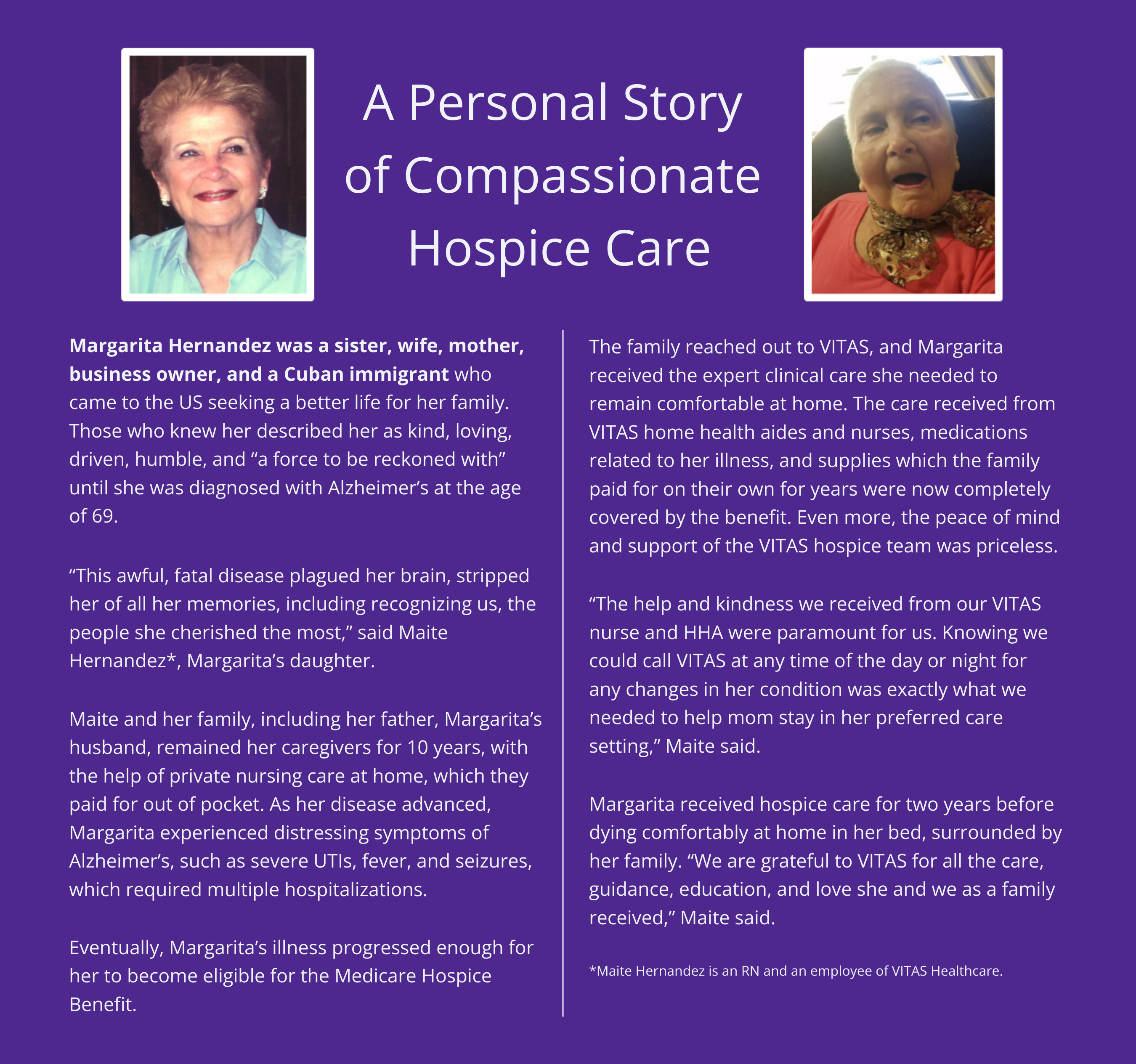 An insert describing the personal story of Margarita Hernandez, a patient whose caregivers called on VITAS in the final months of her life.